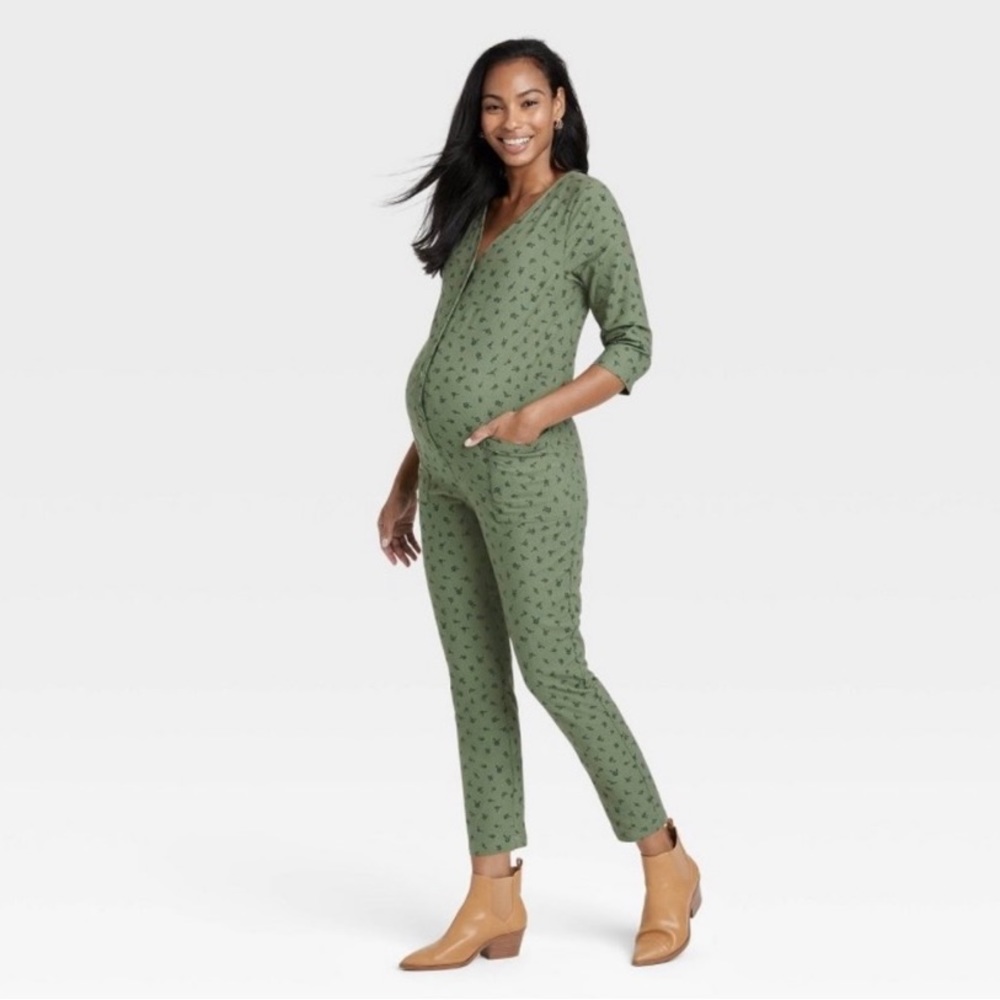 The Nines by HATCH Olive Green Maternity Jumpsuit with Subtle Print